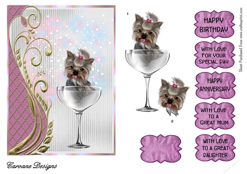 Yorkie in a Wine Glass - 7x5 inch card front with decoupage