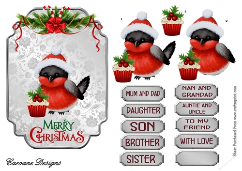Robins Christmas Dinner - 7x5 inch topper with decoupage