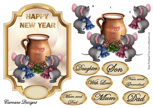 Meeces New Year - 5x7 inch card front with decoupage