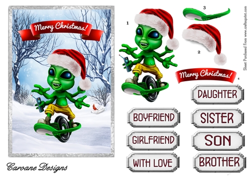 An Alien For Christmas - A5 card front with decoupage