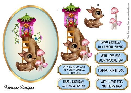 Birthday Bambi - 7x5 inch oval topper, with decoupage