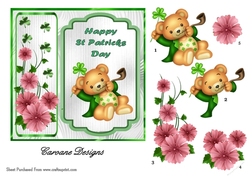 Shamrock Teddy - 6x6 inch card front with decoupage