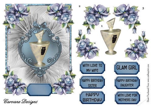 Perfume and Roses - A5 card front with decoupage