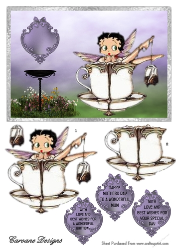 Betty in a Teacup - 7x5 inch card front with decoupage