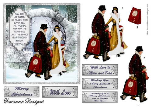 Christmas Shopping 1 - 6x6 inch card front with decoupage