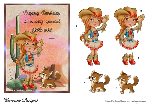 Birthday Cowgirl - 7x5 inch card front with decoupage