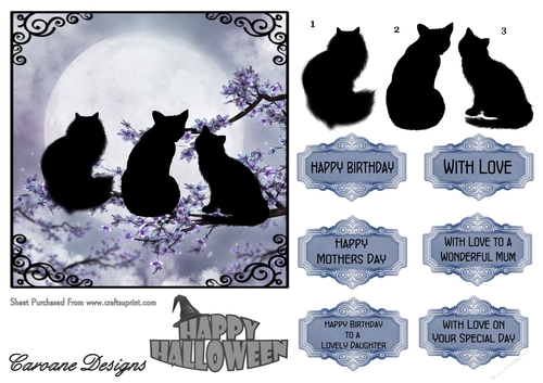Moonlight Meowting - 6x6 inch card front with decoupage