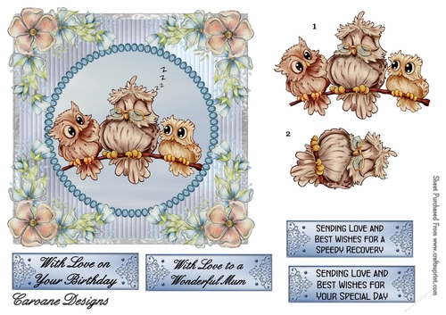 The Owl Family - 6x6 inch card front with decoupage