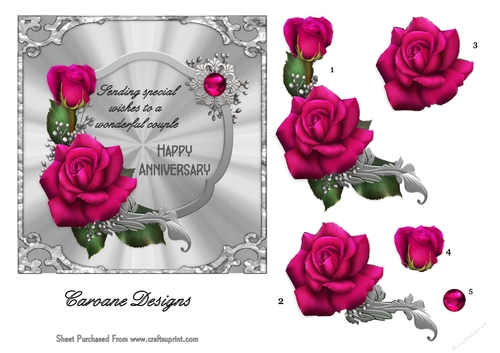 Red Roses Anniversary - 6x6 inch card front with decoupage
