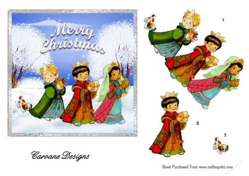 Three Kings and a Dog - 6x6 inch card front with decoupage,