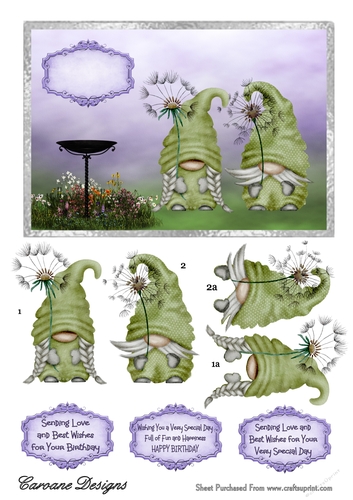 Dandelion Gnomes - 7x5 inch card front with decoupage