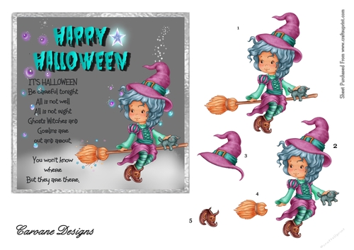 Baby Witch and Kitty - 6x6 inch card front with decoupage