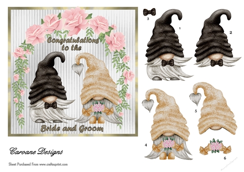 Gnome Wedding - 6x6 inch card front with decoupage