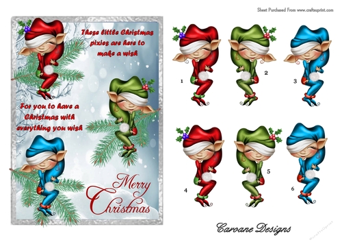 Christmas Pixies - 7x5 inch card front with decoupage