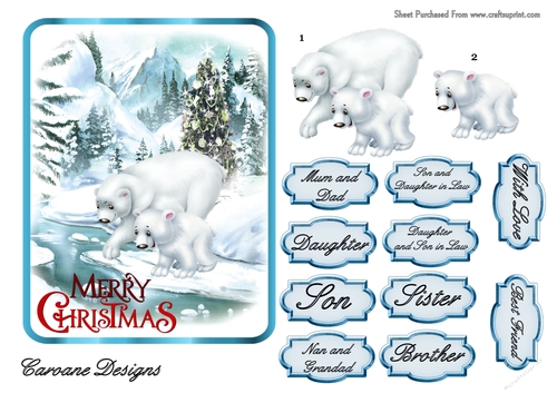 Happy Little Polar Bears - 7x5 inch card front with decoupage
