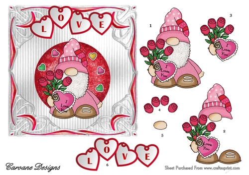 Gnome Valentine 4 - 6x6 inch card front with decoupage.