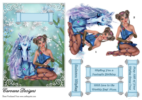 Fairies and Unicorns 1 - 7x5 inch card front with decoupage
