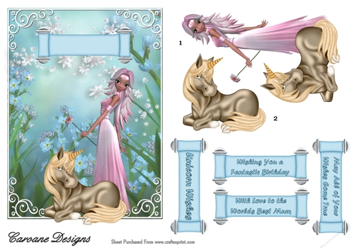 Fairies and Unicorns 4 - 7x5 inch card front with decoupage