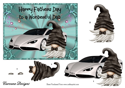 Fathers Day Posh Car Gnome - 7x5 inch card front with decoupage