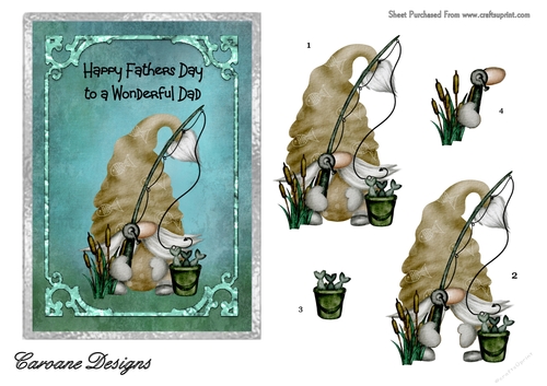 Fathers Day Fishing Gnome - 7x5 inch card front with decoupage