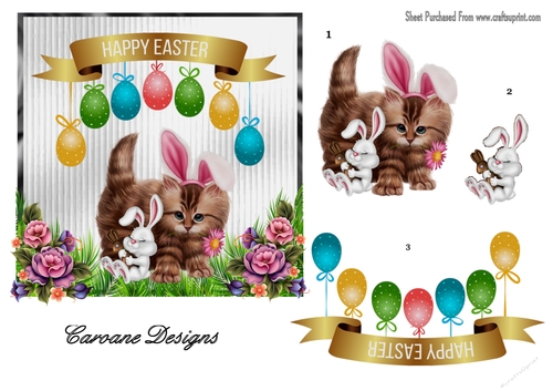 Easter Kitty and Friend - 6x6 inch card front with decoupage