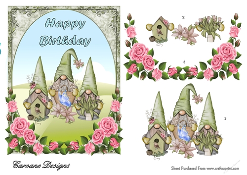 Birthday Gnomes - 7x5 inch card front with decoupage