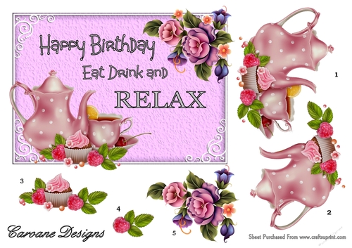 Tea and Cake 2 - 7x5 inch card front with decoupage