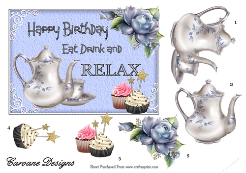 Tea and Cake 4 - 7x5 inch card front with decoupage