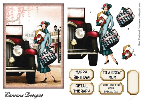 Retail Therapy Art Deco Style - 7x5 inch card front with decoupage