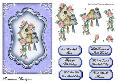 Bird House and Roses - 7x5 inch card front with decoupage