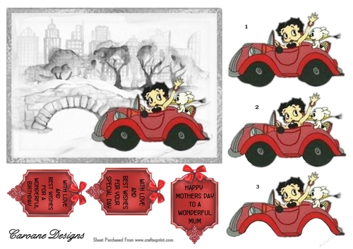 Bettys Red Car - 5x7 inch card front with decoupage.
