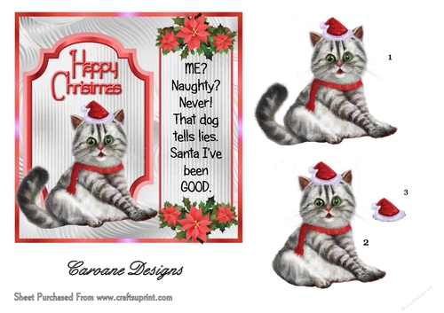 Crazy Christmas Cats 2 - 6x6 inch card front with decoupage