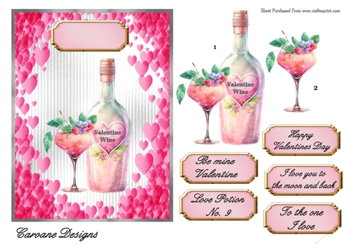 Valentine Wine - 7x5 inch card front with decoupage