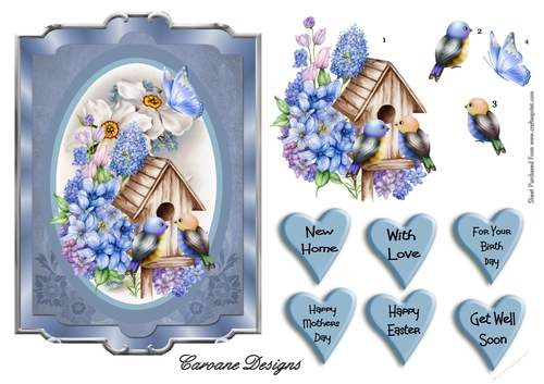 Floral Bird House 1 - 7x5 inch card front with decoupage