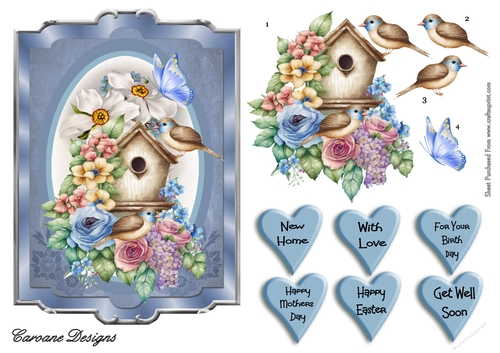 Floral Bird House 2 - 7x5 inch card front with decoupage