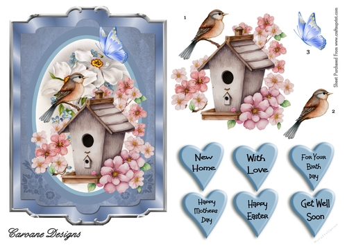 Floral Bird House 3 - 7x5 inch card front with decoupage