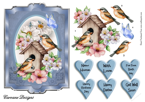 Floral Bird House 4 - 7x5 inch card front with decoupage