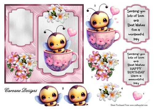 Birthday Bee - 6x6 inch card front with decoupage