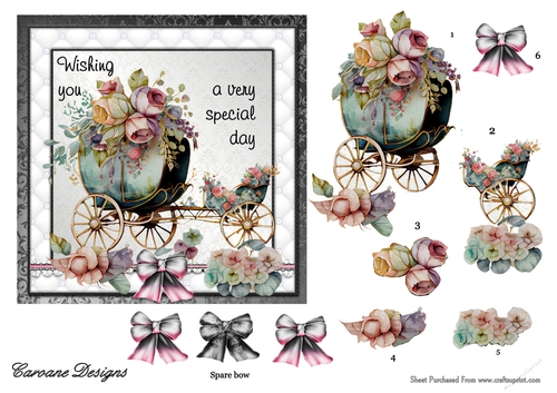 Floral Carriage 1 - 7x7 inch card front with decoupage