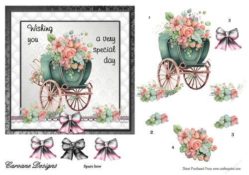 Floral Carriage 2 - 7x7 inch card front with decoupage