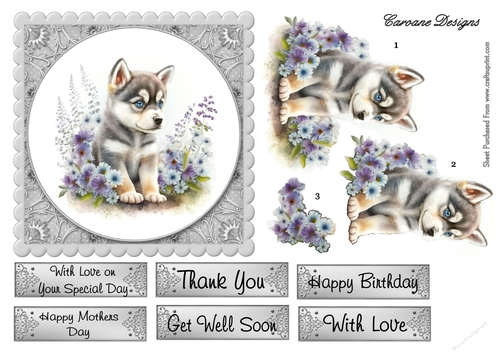 Beautiful Husky Puppy - 6X6 inch card front with decoupage