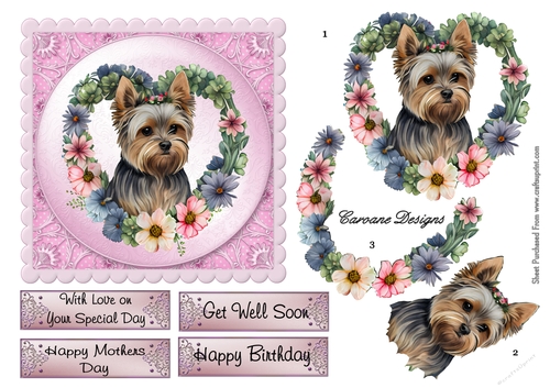 Beautiful Yorkie Puppy - 6X6 inch card front with decoupage