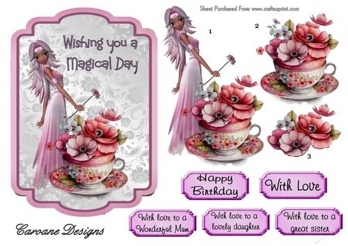 Fairy Tea Cup 1 - 7x5 inch card front with decoupage