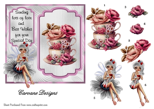 Fairy Tea Cup 2 - 6x6 inch card front with decoupage