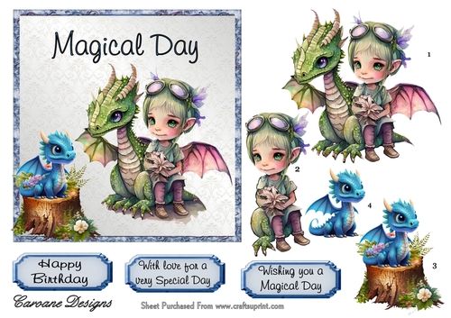 Dragon Days 1 - 6x6 inch card front with decoupage