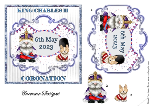 Coronation 1 - 6x6 inch card front with decoupage