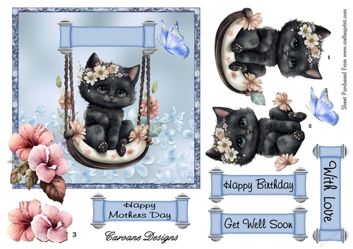 Swinging Kitty 1 - 6x6 inch card front with decoupage