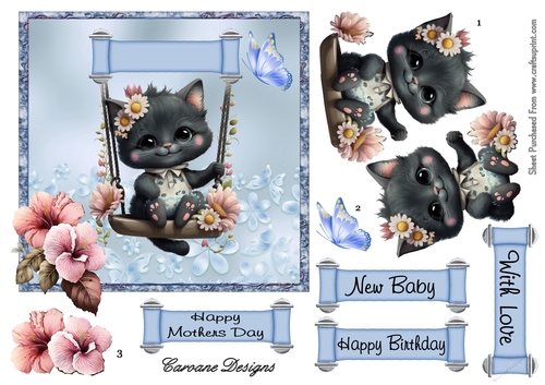 Swinging Kitty 2 - 6x6 inch card front with decoupage
