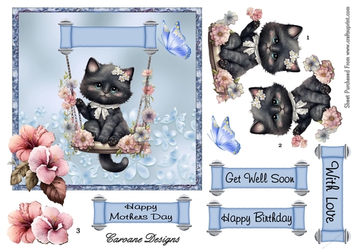 Swinging Kitty 3 - 6x6 inch card front with decoupage
