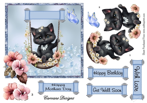 Swinging Kitty 4 - 6x6 inch card front with decoupage